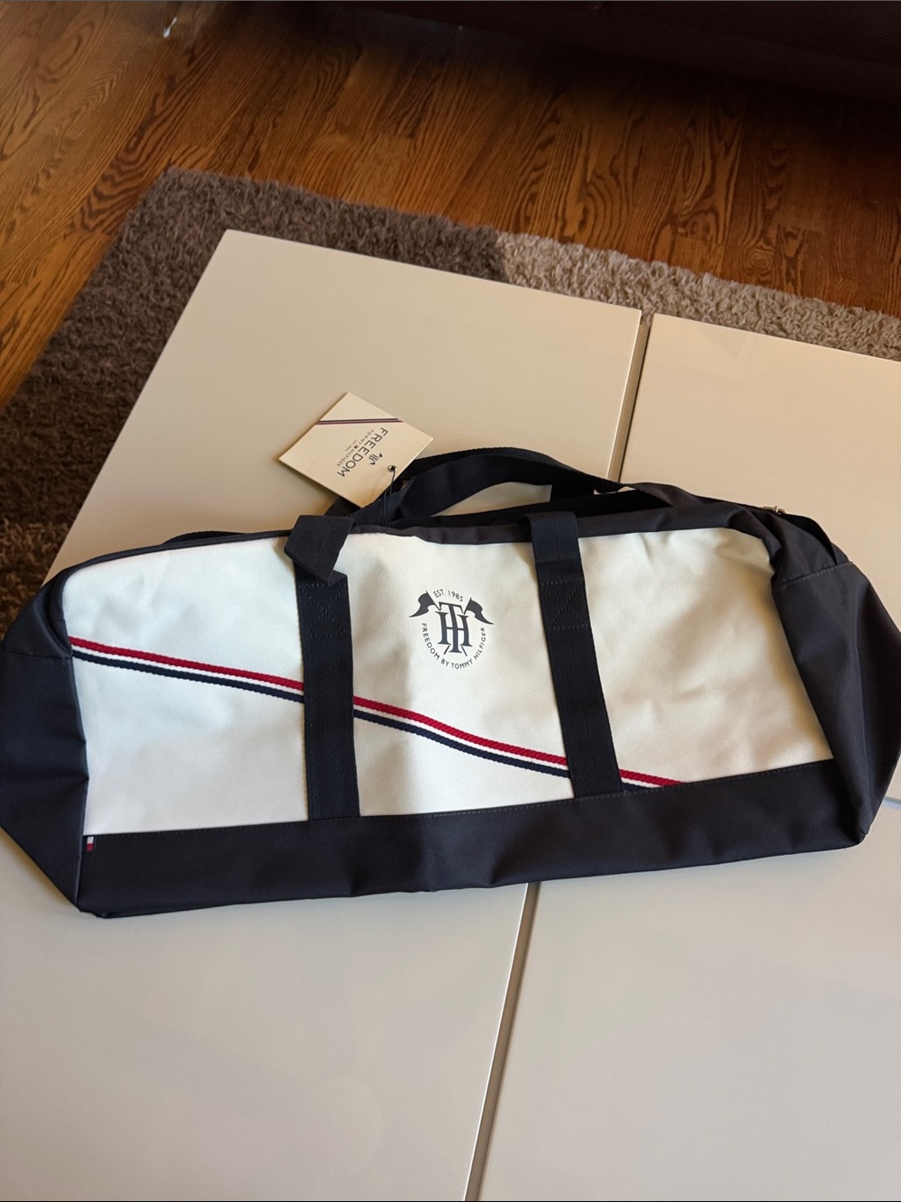 Tommy Hilfiger White, Navy & Red Striped Duffel Bag